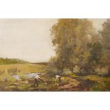 Woodsmen felling trees, initialled G.B., oil on canvas laid on board, 13" x 9½"