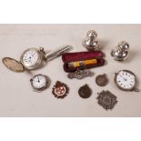 A collection of small silver items including a pair of salts, three watches etc