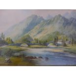 Milton Drinkwater, mountain landscape with bridge over a river, signed, 17" x 11"