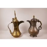 An Islamic silvered copper coffee pot, with chased and engraved decoration, together with another