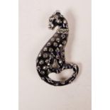 A 925 silver, enamel and marcasite set cat brooch, 2"