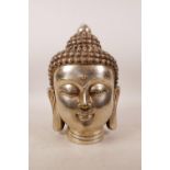 A Chinese silvered metal Buddha head, impressed 4 character mark to base, 8½" high