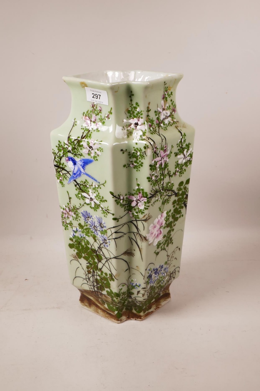 An Oriental celadon glazed vase, with raised enamel decoration of birds and blossom, 16" high - Image 3 of 4