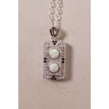 A silver, cubic zirconium and opalite set, Art Deco style pendant necklace