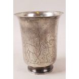 A C18th French silver beaker, with engraved decoration of a lion, tiger, stag and monkey, initialled