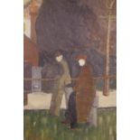 Two figures in a street, old label verso 'The Delivery Men, Geoffrey Tibble', unframed oil on board,