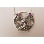 A 925 silver pendant necklace decorated with a fairy, in the 'Georg Jensen' style, 1½" diameter