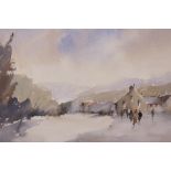 Figures in a street, watercolour, signed T. Carr, 10" x 14"