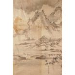 A large C19th Chinese brush painting on rice paper, incorporating mountains, trees and a temple, A/