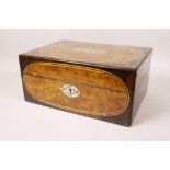 A Victorian burr walnut and tulipwood box with abalone and mother of pearl inlaid decoration, 8½"