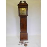 A late C18th/early C19th thirty hour oak longcase clock, with a brass dial, spandrels engraved