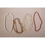 A collection of costume necklaces to include pearl, coral and shell