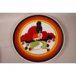 A Bizarre Craft Clarice Cliff style charger painted by Marjory Higginson, 13" diameter