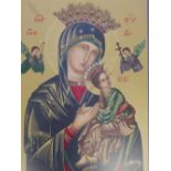 An early C20th chromolithographic print of an Orthodox icon, set with coloured paste stones and