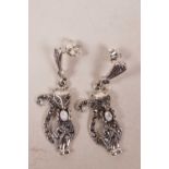 A pair of 925 silver, marcasite and moonstone drop earrings in the form of cats, 1½"
