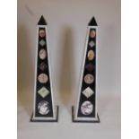 A pair of marble obelisks, with applied specimen decoration, 13" x 13" x 48"