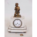 A C19th French alabaster mantel clock with gilt metal mounts, the enamel dial and movement marked