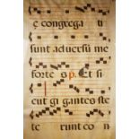 A sheet of music from the C16th, hand coloured on vellum, likely produced in a medieval monastery as