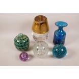 Three studio glass vases, largest 8" high, and three heavy glass paperweights