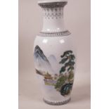 A Chinese Republic porcelain vase painted with a mountainous lake scene in bright enamels and a band