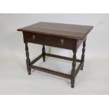 A William and Mary oak side table with a single drawer, raised on turned supports, 362 x 23", 29"