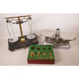 Two sets of scales and a mahogany cased set of precision brass metric weights, 1kg - 1g