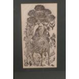 A Chinese woodblock print of Shao Lao riding a deer, with gilt highlights, 6" x 11"
