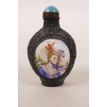 A Chinese copper snuff bottle with two enamelled panels depicting European women, 4 character mark