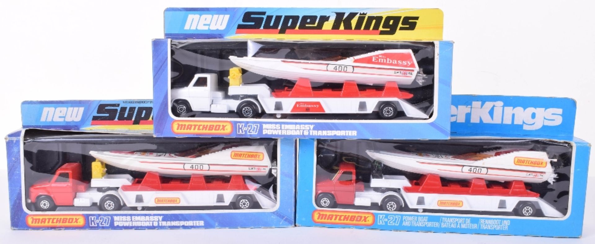 Three Boxed Matchbox Superkings K27 Powerboats and Transporters