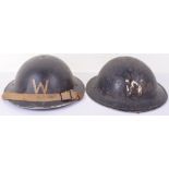 2x WW2 British Home Front Wardens Steel Helmets