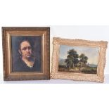 An early 20th century oil on canvas, unsigned, of an elderly lady on path, in modern gilt frame, wit