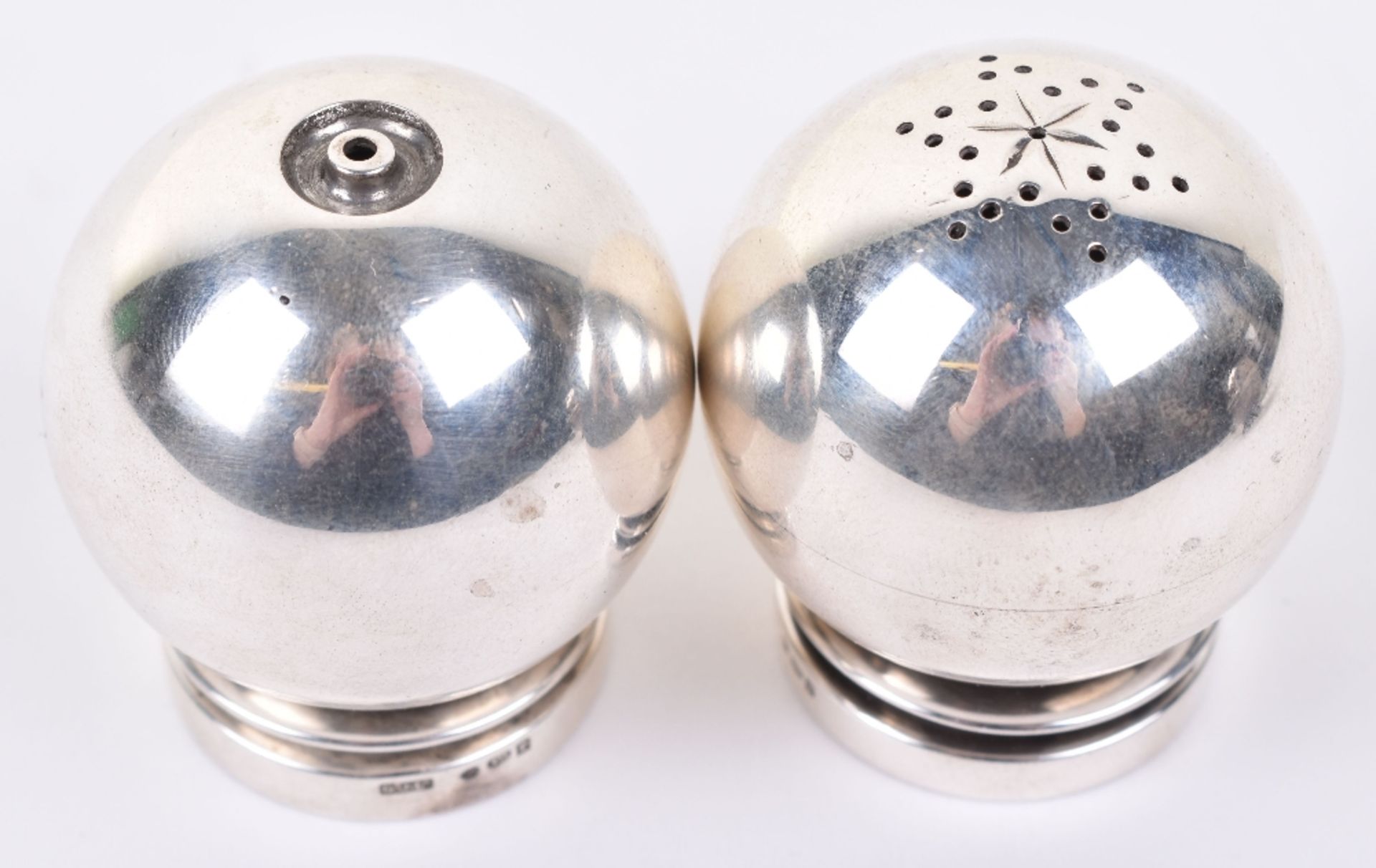 A pair of Georg Jensen silver salt and pepper, 1915-1932, of globular form, design 632, 4cmH - Image 5 of 5