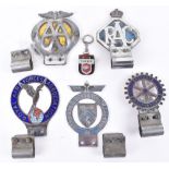 Five car badges, including a Margate & District Car Club, AA, RAC, Royal Air Force Association ename