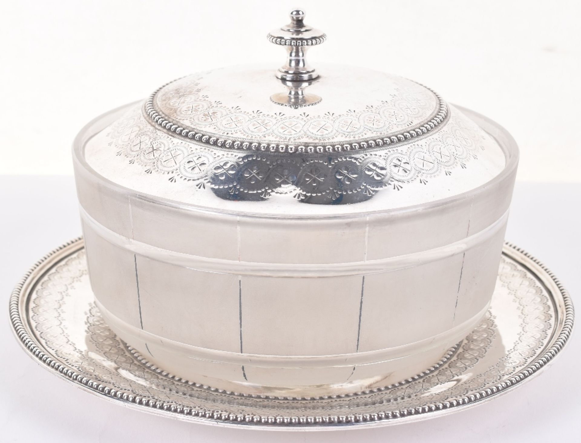 A Victorian silver and glass butter dish or sweet pot and plate, 1880, by Joseph Bradbury and John H