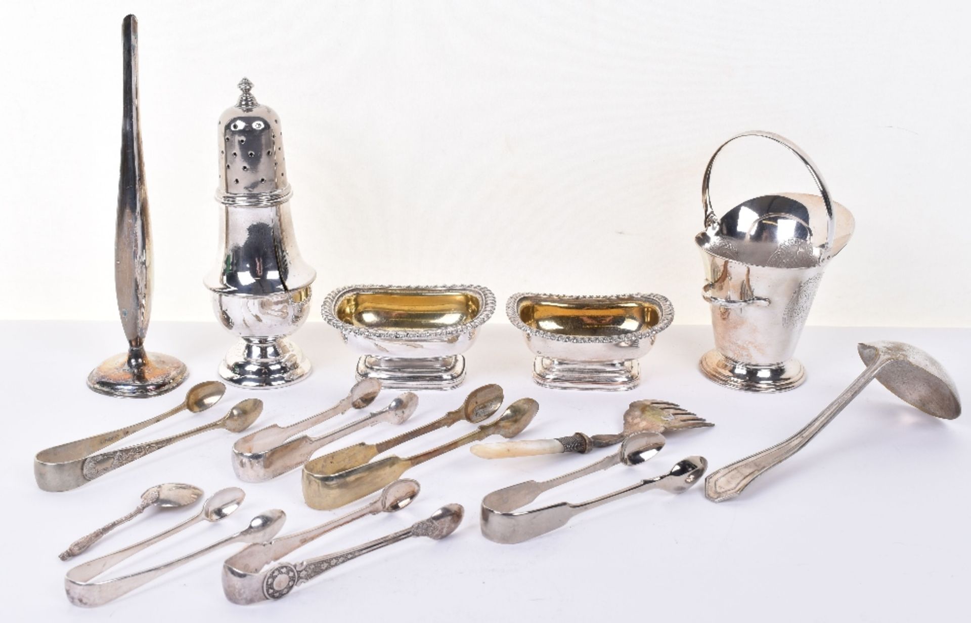 A mixed lot of silver plated items including castor, basket, vase, with some flatware, and pair of s - Image 4 of 4