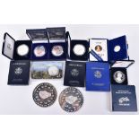 US commemorative coinage, including 1/10th ounce Eagle gold coin, five US silver ounce dollars, a Me