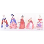 Five Royal Doulton figures including Victorian Lady, Veronica, Janet, Rosemary, and Phyllis