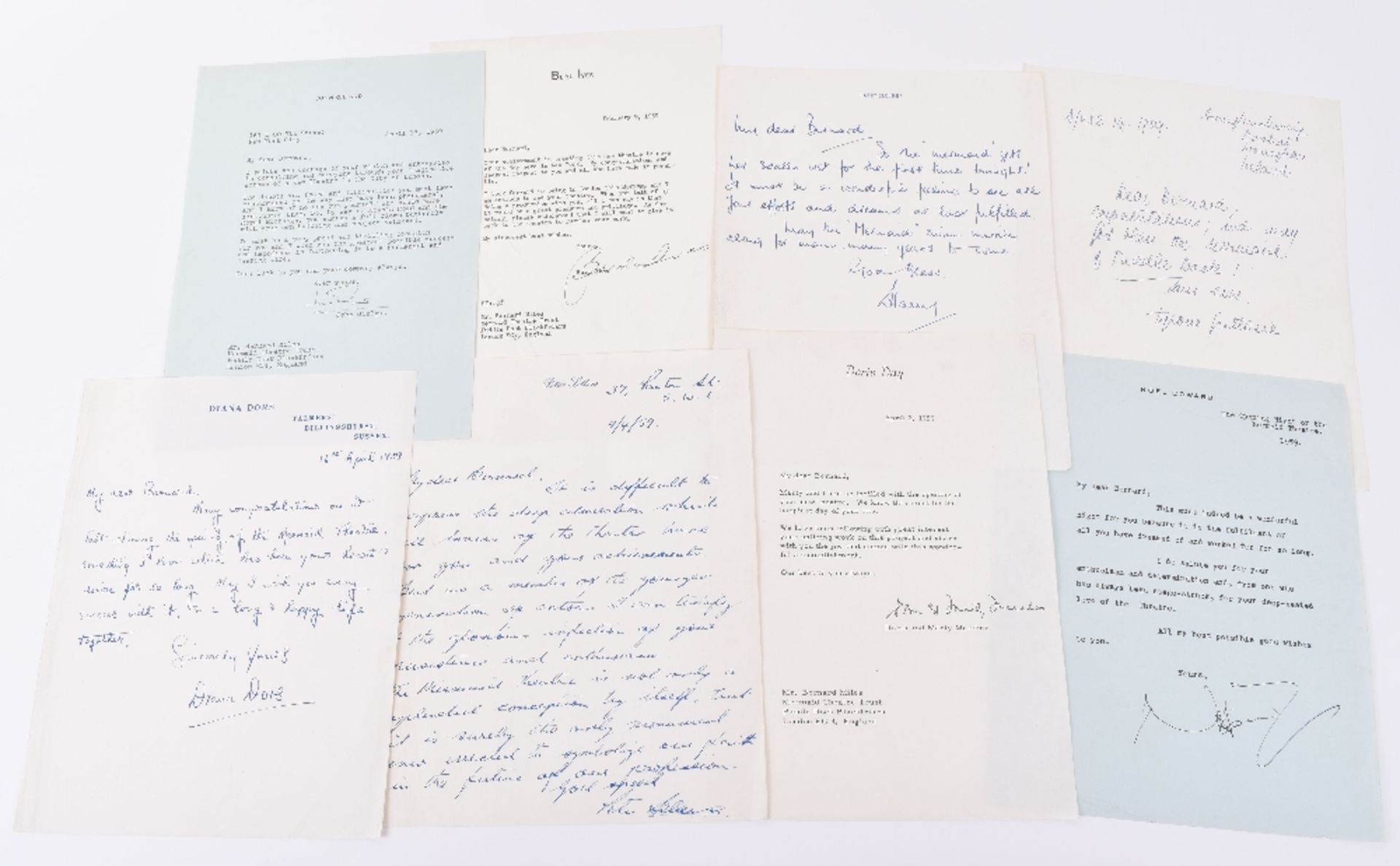 A number of typed and handwritten personal letters relating to the opening of the Mermaid Theatre
