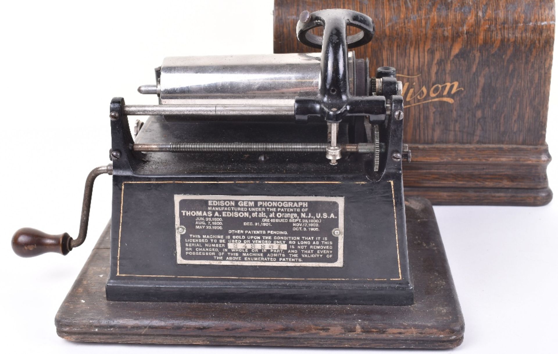 A Thomas Edison Gem phonograph with case, together with a box of record cones - Image 4 of 4