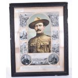 A coloured print of Major-General R.S. Baden-Powell to centre with futher background depictions