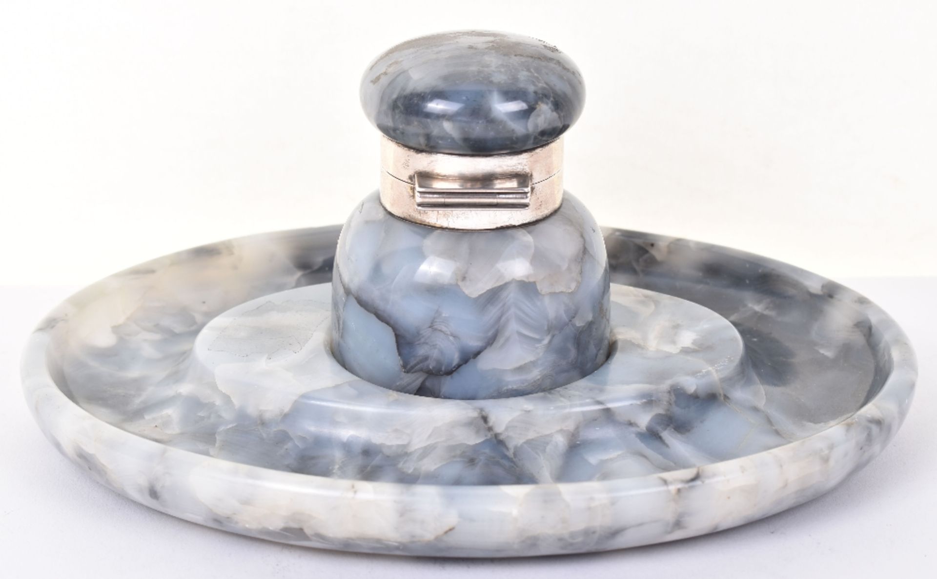 A George V silver and alabaster ink well and base, London 1919, 20.5cmW - Image 2 of 4