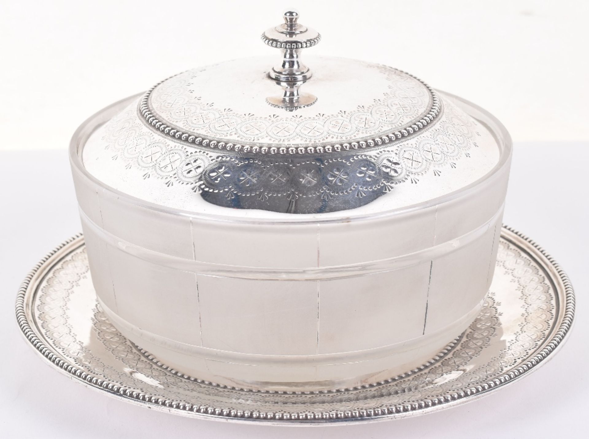 A Victorian silver and glass butter dish or sweet pot and plate, 1880, by Joseph Bradbury and John H - Image 2 of 8