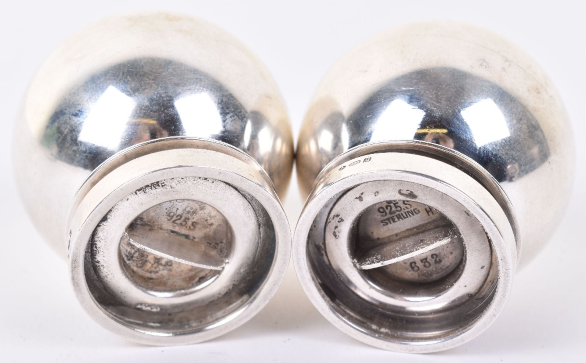 A pair of Georg Jensen silver salt and pepper, 1915-1932, of globular form, design 632, 4cmH - Image 3 of 5