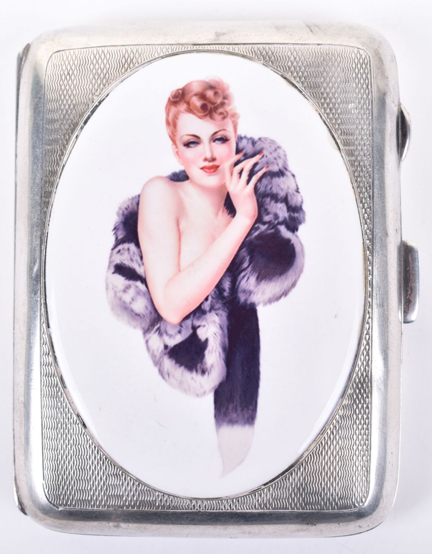 A silver cigarette case, later applied enamel panel of pin up girl, Birmingham 1941