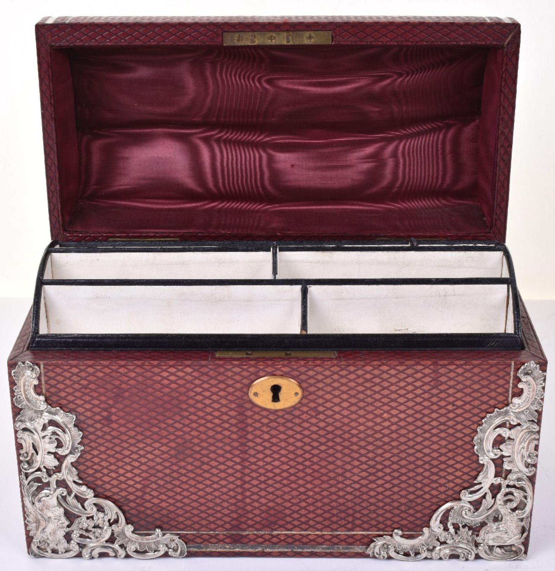 A Victorian silver mounted leather stationary box, London 1889 - Image 2 of 4