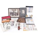 A mixed lot including a folder of cigarette cards, a butlers brush tray, a cased Japanned pair of kn