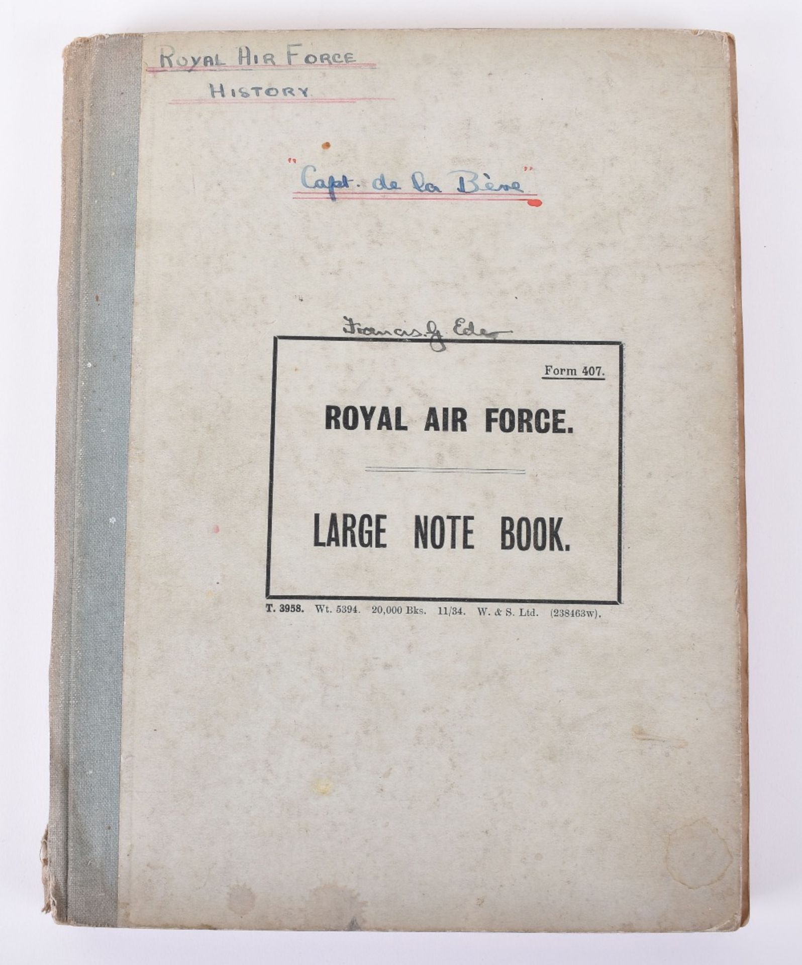 Handwritten RAF Lecture Notes of 1935 by 33307 F/O Francis G Ede, Killed in Action 8th June 1940