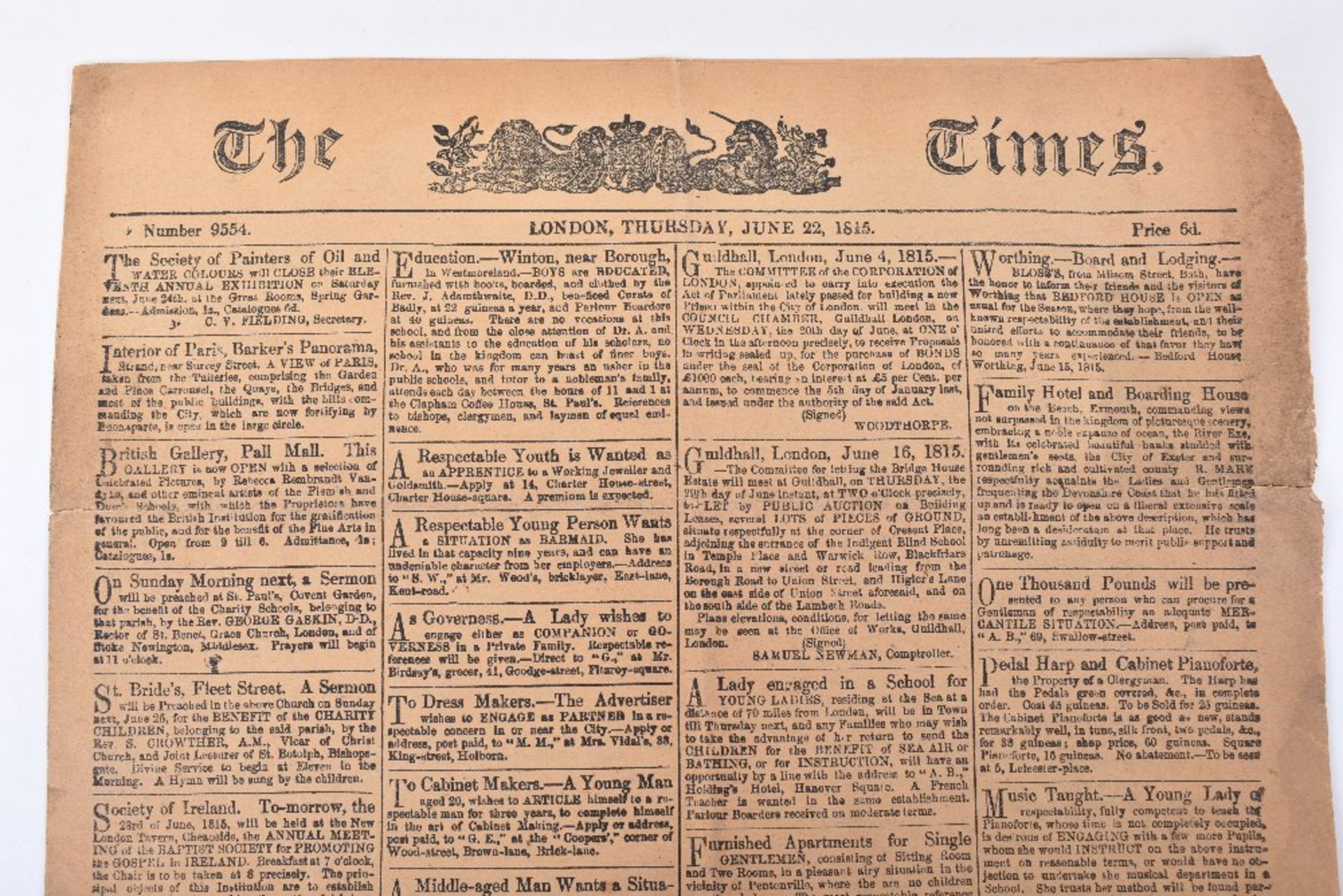 A Copy of The Times – 22 June 1815 on the Victory at Waterloo - Image 2 of 4