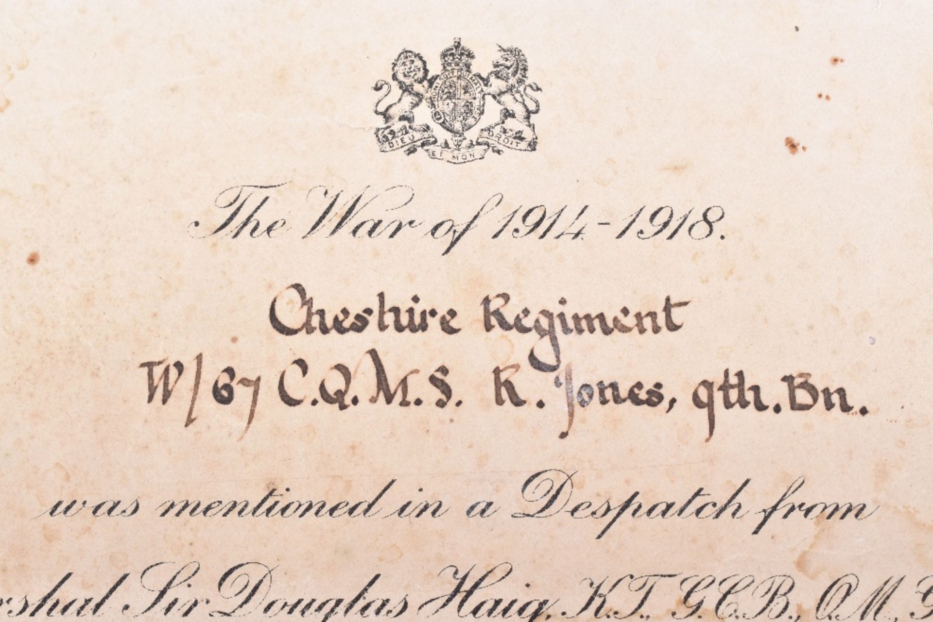 WW1 Mention in Despatches Certificate 9th Battalion Cheshire Regiment - Image 3 of 3