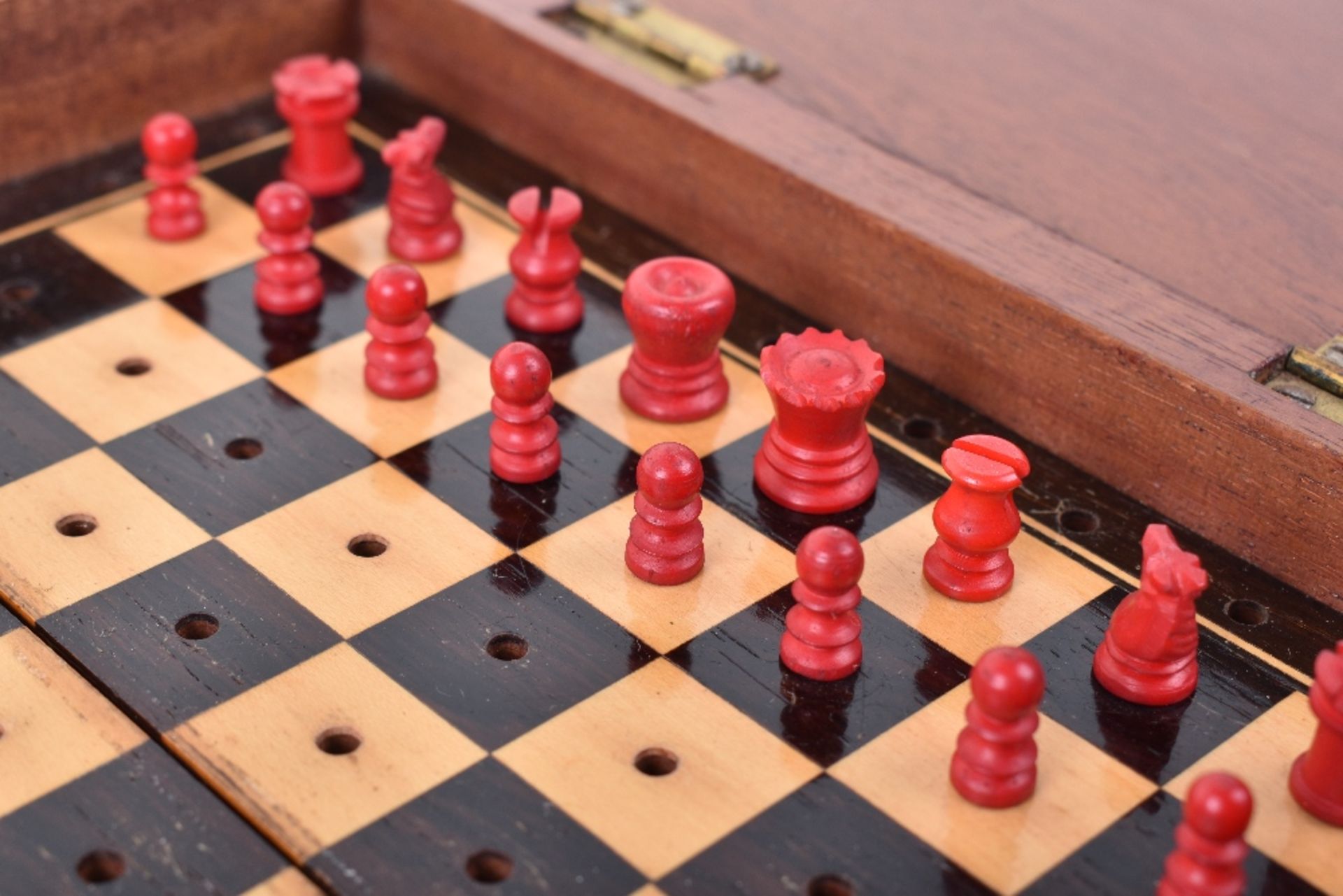 ^ Victorian Mahogany Miniature Campaign or Travelling Chess Set - Image 2 of 6